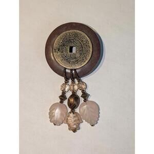 Vintage Sunya Currie Jade Rose Quartz Oriental Style Brooch Pin
